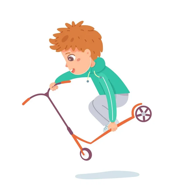 Un gamin en scooter, faisant des cascades. Joyeux garçon sautant et tenant à scooter dans l'air isolé sur fond blanc. Loisirs à skatepark aire de jeux illustration vectorielle. Loisirs jeunesse modernes — Image vectorielle