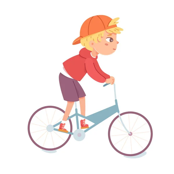 Dzieciak jeździ na rowerze. Szczęśliwy fajny chłopiec w czapce stojący na rowerze odizolowany na białym tle. Rekreacja i sport na zewnątrz parku wektor ilustracji. Nowoczesny młodzieżowy wypoczynek — Wektor stockowy