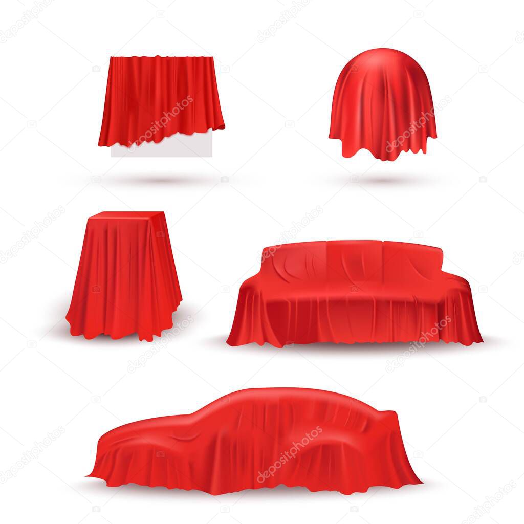 Objects in red cloth drapery set. Silk fabric covering gifts for surprise reveal vector illustration. Hidden car, sofa, table, circle under veil. Mysterious presentation event