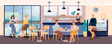 Kahve ve keki olan insanlar. Modern kafeterya vektör illüstrasyonunun iç tasarımı. Barista tezgahta, işadamı, kadın ve erkek oturup yemek yiyor, kızlar konuşuyor.