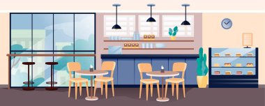 Modern kafe iç tasarımı. Kahve ve kek vektör illüstrasyonlu boş bir kafeterya. Tezgah, bardaklı raflar, tatlı kekler, sandalyeli masalar, pencere manzaralı.
