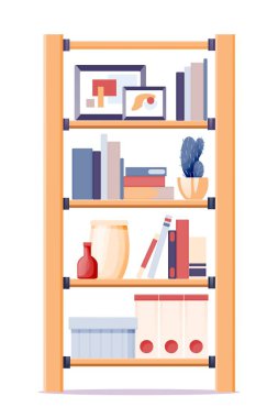 Ofis dolabında raflar var. İç tasarım arka plan element vektör illüstrasyonu. Çerçevelerde, kitaplarda, dosyalarda, vazolarda, saksıda, kutuda resimleri olan modern moda standı