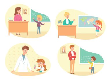 Ders seti. Eğitim vektörü illüstrasyonunda öğretmenleri olan çocuklar. Çocuk edebiyat dersine cevap veriyor, matematik problemini çözüyor, coğrafya ve kimya deneylerine işaret ediyor.