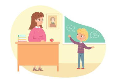 Sınıfta edebiyat dersi veren kadın, cevap veren çocuk. Eğitim vektör çizimi öğretmeni. Masada oturan genç bir kadın, konuşma baloncuklarıyla tahtada konuşan bir öğrenci.