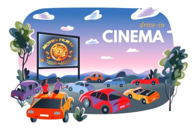 Açık hava sineması, açık hava film gece afişi. Açık hava sineması vektör illüstrasyonlu bir ekran. İnsanlar festivalde arabalarda, çift de arabanın çatısında oturuyor. Metinli şehir eğlencesi reklamı