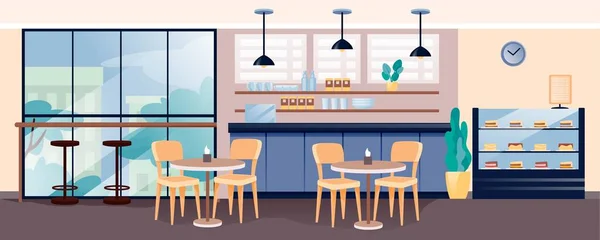 Café moderno diseño de interiores. Cafetería acogedora vacía con ilustración vectorial de café y pasteles. Mostrador, estantes con copas, exhibición de pasteles dulces, mesas con sillas, vista a la ventana — Vector de stock