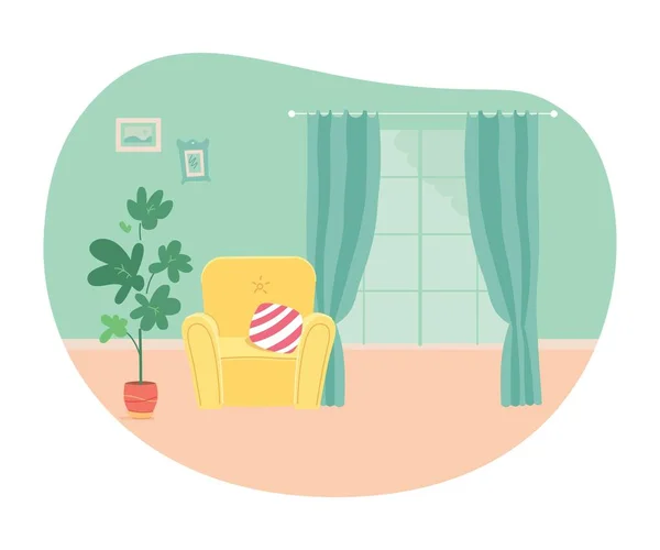 Sala de estar moderna de diseño interior de fondo. Habitación en casa con sillón, planta, ventana con cortinas. Espacio acogedor vacío para el descanso y la recreación ilustración vectorial — Archivo Imágenes Vectoriales