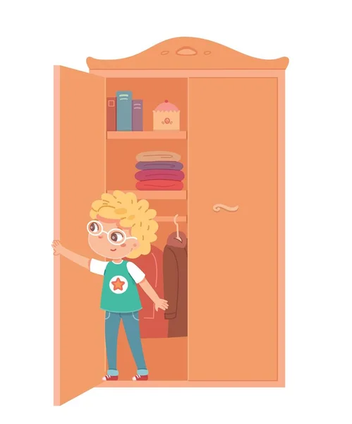 Маленький мальчик прячется в шкафу с одеждой в комнате. Игра в прятки с друзьями на домашней векторной иллюстрации. Закрытие двери, веселая детская игра и веселое времяпрепровождение — стоковый вектор