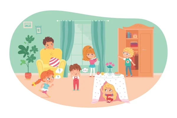 Niños jugando al escondite en la sala de estar. Jugar juego con amigos en casa ilustración vectorial. Niño contando, niñas y niños escondidos debajo de la mesa, en el armario, detrás del sillón y la cortina — Archivo Imágenes Vectoriales