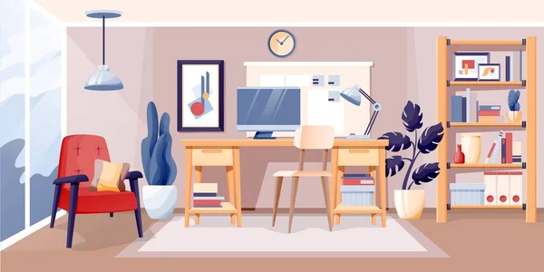 Modern home office interior design background. Room at home for work and rest with chair, table with lamp and computer, armchair, shelves stand. Cosy area for working vector illustration — Stock Vector