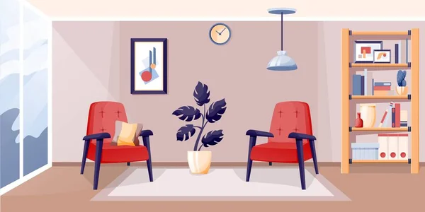 현대식 거실의 내부 디자인 배경. 안락 의자 두 개, 책꽂이, 꽃병, 식물 이 있는 선반 이 있는 집에서 쉬고 있다. 벡터 삽화의 이완을 위한 코사인 공간 — 스톡 벡터