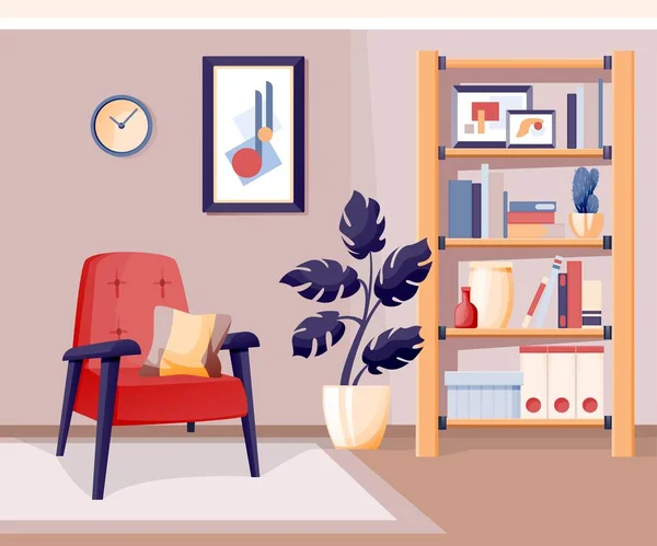 Moderní domácí obývací pokoj interiér design pozadí. Pokoj pro odpočinek s křeslem, police stojí s knihami, vázami, rostlinami. Útulný prostor pro relaxační vektorové ilustrace — Stockový vektor