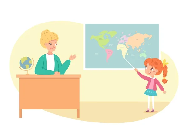 Женщина преподает географию в классе, девушка отвечает. Учитель векторной иллюстрации образования. Молодая женщина сидит за столом, студент указывает на карту со странами и океанами — стоковый вектор