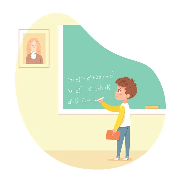 Little boy answering at blackboard. School primary education vector illustration. Young boy standing at board, student writing formula in mathematics class with chalk scene — Stock Vector