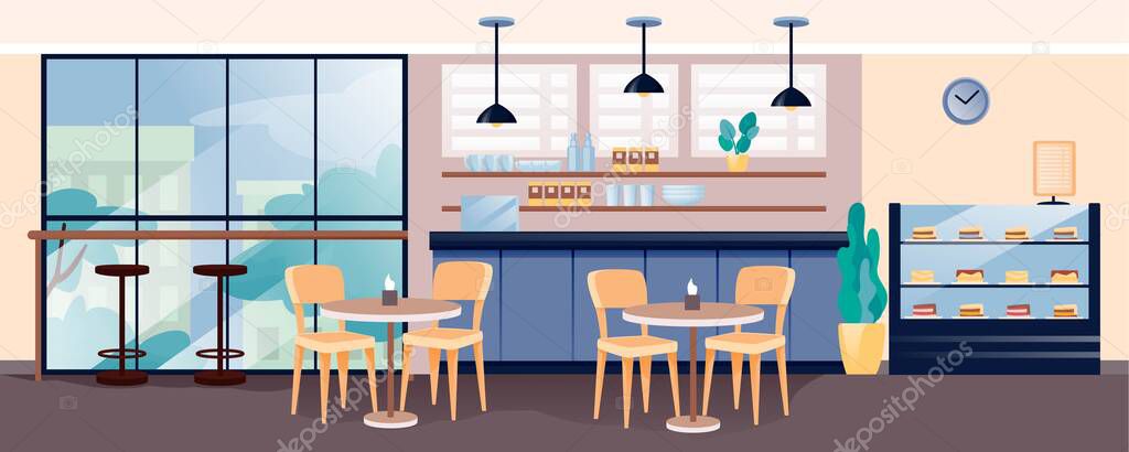 Modern cafe interior design. Empty cosy cafeteria with coffee and cakes vector illustration. Counter, shelves with cups, display of sweet cakes, tables with chairs, window view