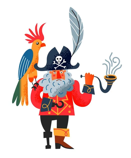 Korsan kaptan papağanla pipo içiyor. Sakallı, kancalı, amblemli şapka takan, beyaz arka planda oturan bir kuş. Macera ve deniz korsanlığı vektör çizimi — Stok Vektör