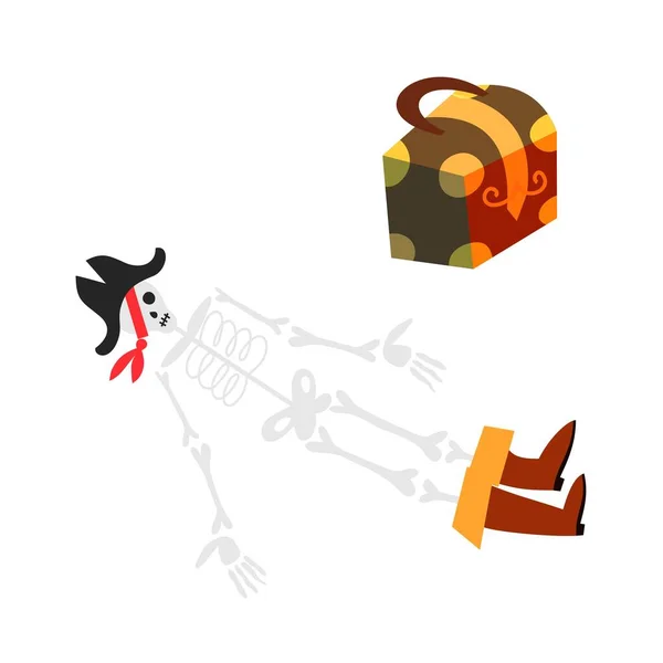 Pirátská kostra ležící poblíž uzavřené truhly s pokladem. Pirát mrtvý námořník na zemi, truhlice s penězi nebo zlatem na bílém pozadí. Dobrodružství a námořní pirátství vektorové ilustrace — Stockový vektor
