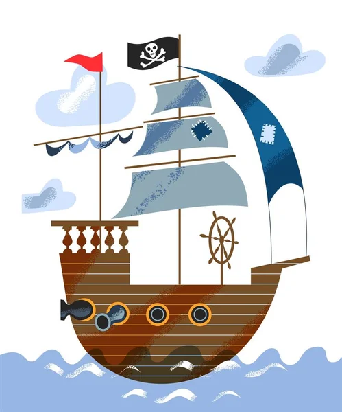 Pirátská loď plující po moři nebo oceánu. Pirátská loď s černou vlajkou se znakem, plachty se záplatami, volant, dřevěná paluba, děla. Dobrodružství a námořní pirátství vektorové ilustrace — Stockový vektor