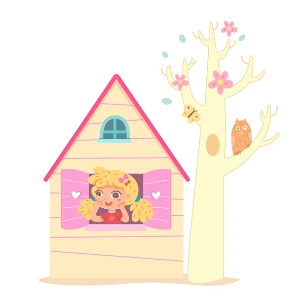 Petite fille dans une maison de jeux avec arbre. Magasin de jouets ou magasin pour enfants illustration vectorielle. Fille heureuse regardant par la fenêtre de la maison et criant. Arbre avec hibou, papillon, fleurs — Image vectorielle