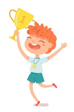 Çocuk yarışmada altın madalya ve kupa kazandı. Mutlu çocuk ödülü elinde tutuyor. Okul başarısı ve başarı vektörü çizimi. Beyaz arka planda birincilik ödülü