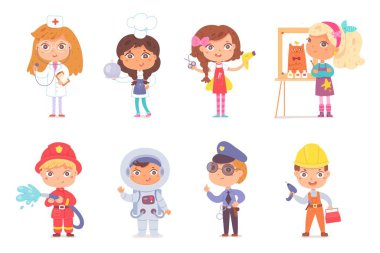 Çocuk meslekleri belirlendi. Mesleki meslekleri vektör çizimi olan sevimli çocuklar. Erkek ve kız olarak doktor, aşçı, kuaför, sanatçı, itfaiyeci, astronot, polis, beyaz arkaplan ustası