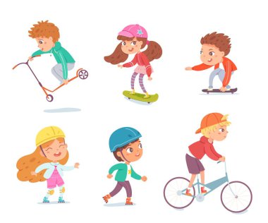 Çocuklar spor seti oynuyor. Mutlu çocuklar boş zaman vektör illüstrasyonunda sağlıklı egzersiz yapıyorlar. Erkekler ve kızlar scooter, patenler, kaykay, beyaz arka planda bisiklet