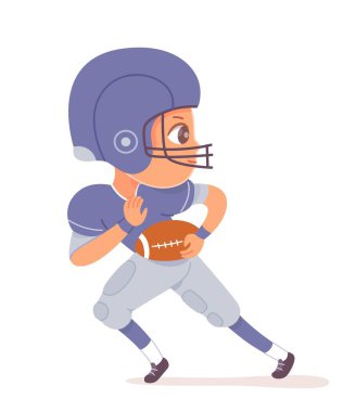 Çocuk topla ragbi oynuyor. Mutlu çocuk sağlıklı egzersiz vektör çizimi yapıyor. Üniformalı ve kasklı şirin çocuk oyuncu beyaz arka planda hızlı koşuyor. Spor sınıfı.