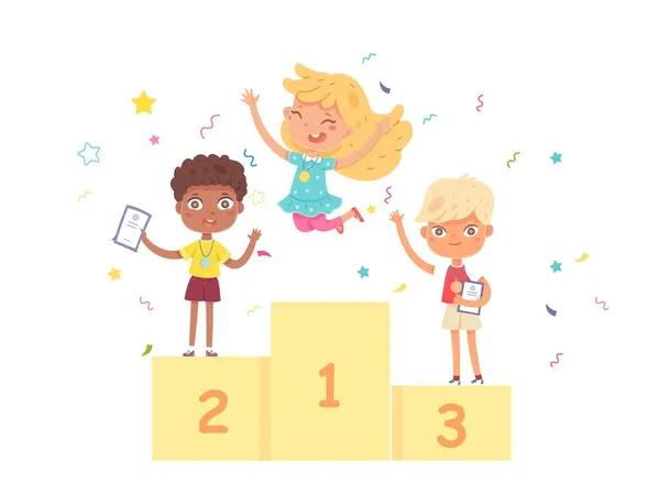 Enfants sur le podium après la compétition. Heureux garçons et filles avec des diplômes et des médailles. Réalisations scolaires et illustration vectorielle de réussite. Gagnants sur piédestal, célébration avec récompenses — Image vectorielle