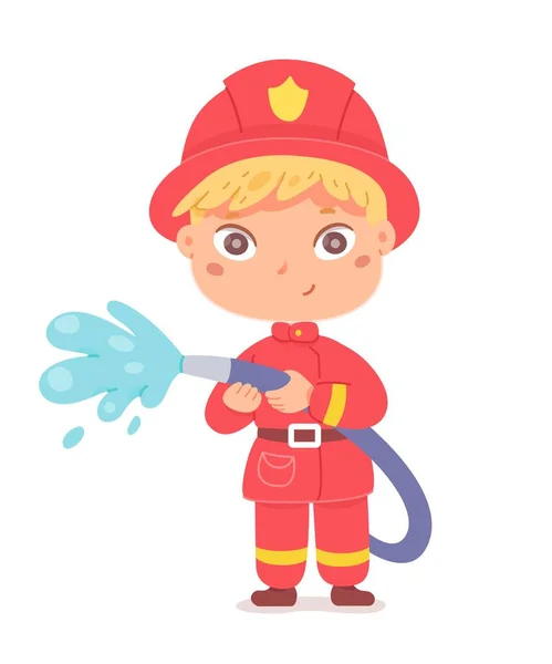 Zo jong als een brandweerman. Leuke kleine jongen met professionele beroep vector illustratie. Gelukkig kind als brandweerman in rood uniform slang met water geïsoleerd op witte achtergrond — Stockvector