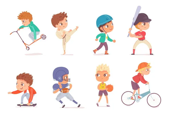 Chłopcy uprawiają sport. Szczęśliwe dzieci robią zdrowe ćwiczenia wektor ilustracji. Dzieci na skuterze, wrotki, deskorolka, rower, grać w karate, baseball, rugby, koszykówka na białym tle — Wektor stockowy