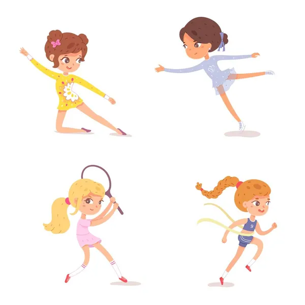 Les filles jouent ensemble de sport. Enfants heureux faisant des exercices sains illustration vectorielle. Les enfants jouent au tennis, font de la gymnastique, patinent artistique, athlétisme isolé sur fond blanc — Image vectorielle