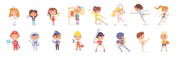 Kid profesiones y deportes conjunto. Niños y niñas con ocupaciones ilustración vectorial. Bombero, astronauta, policía, constructor, enfermera, cocinero, pintor, deportistas: baloncesto, karate, rugby, gimnasia — Vector de stock