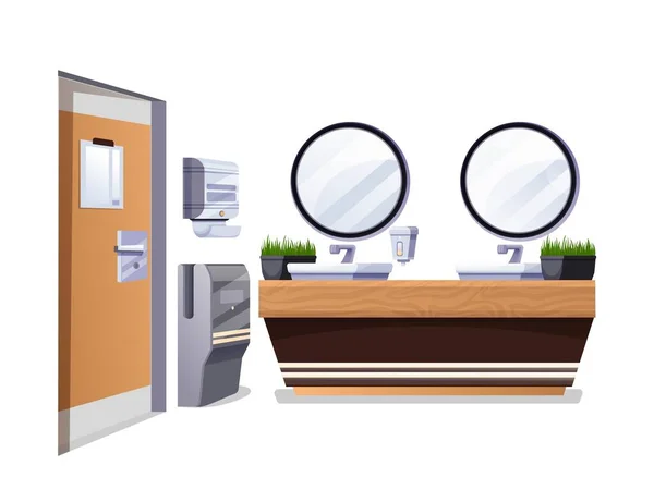 Элементы дизайна интерьера общественных туалетов. Современная векторная иллюстрация туалета. Комната с раковинами, раковинами, зеркалами, сушилкой для рук, бумажными игрушками, дверью, изолированной на белом фоне — стоковый вектор