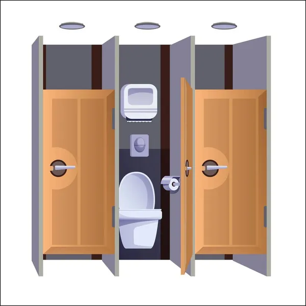Banheiro público elementos de fundo design de interiores. Ilustração moderna do vetor da vista do banheiro. WC com banheiros com portas, toalhas de papel, botão na parede. Lavatório limpo — Vetor de Stock