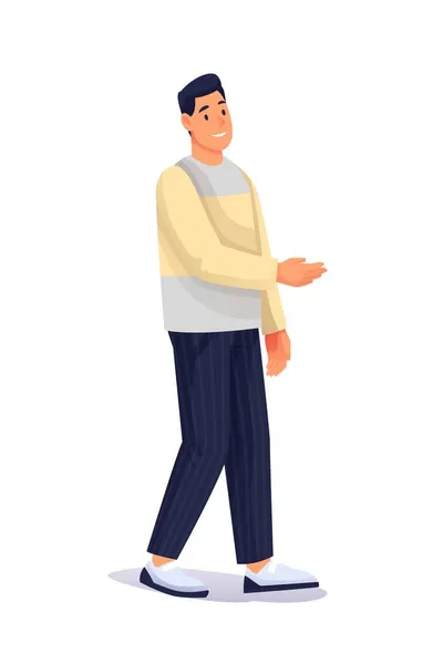Man walking in casual clothes. Young professional worker vector illustration. Happy guy meeting and greeting with hand gesture isolated on white background. Vertical portrait — Stock Vector