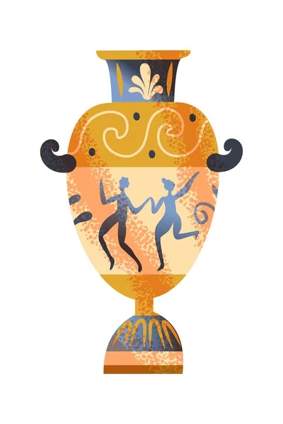 Kekaisaran Romawi kuno amphora. Ilustrasi vektor sejarah dan budaya Roma. Emas dan hitam kendi atau vas dengan gambar orang dan pola dekoratif pada latar belakang putih - Stok Vektor