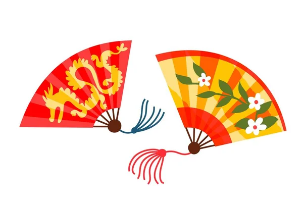 Fãs de Ano Novo Chinês definido. Tradicional ilustração vetor festival asiático. Fãs com diferentes padrões e desenhos sobre fundo branco. Flores com folhas ou dragão dourado —  Vetores de Stock