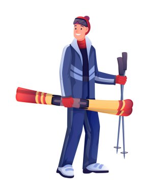 Slalom kayakları ve direkleri olan bir adam. Dağ kayak merkezi vektör ilüstrasyonunda tatil. Spor kıyafetli genç adam kışın beyaz arka planda durup gülümsüyor.