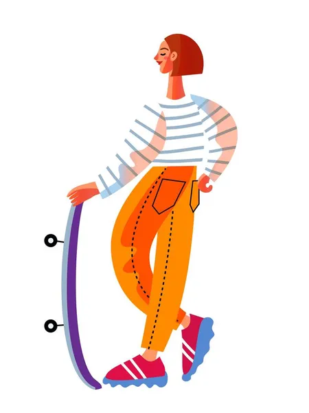 Jonge vrouw met skateboard. Gelukkig tienermeisje doen gezonde oefening op vrije tijd vector illustratie. Persoon met board geïsoleerd op witte achtergrond, achteraanzicht — Stockvector