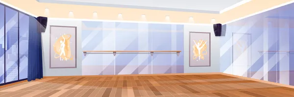 Дизайн интерьера балетной студии. Зал в школе танцев для занятий с перилами, деревянным полом, зеркалом, плакатами с балеринами, окном. Горизонтальная векторная иллюстрация — стоковый вектор