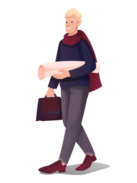 Young designer or artist walking with briefcase and paper scroll in hand. Happy smiling guy going to meeting or workshop vector illustration. Creative man in scarf on white background — Stock Vector