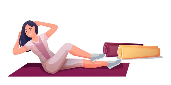 Jonge vrouw aan het trainen op mat. Gelukkig lachend meisje zittend op mat en het doen van stretching oefeningen vector illustratie. Een gezonde actieve levensstijl. Vrouw geïsoleerd op witte achtergrond — Stockvector