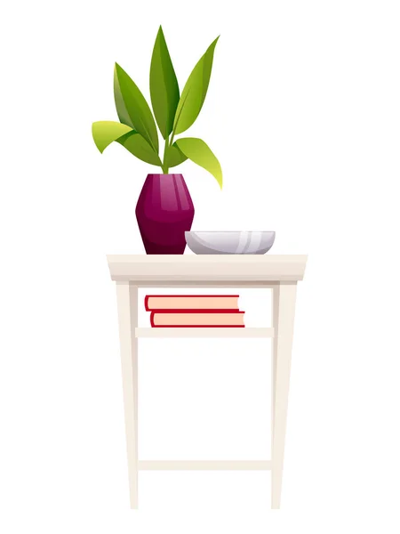 Home interior design decoration elements. Table stand with green plant in purple vase, plate, books on shelf vector illustration. Modern cozy decor for house on white background — Stock Vector