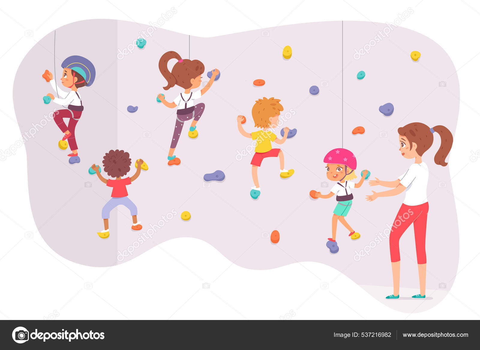Enfants escalade mur de roche actif garçon fille escaladeurs bloc,  formation dans la salle de gym Vecteur par ©ClassicVector 537216982