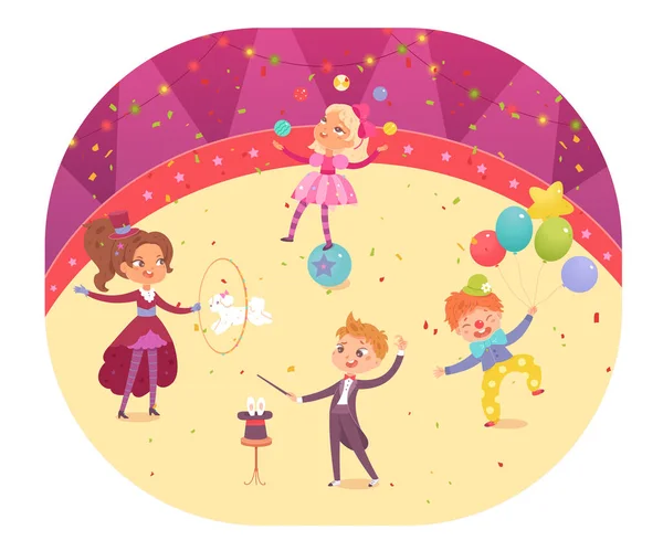 Cute children in circus performance, adorable child characters perform show together — Stock vektor