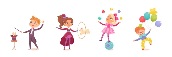 Cirque enfant personnage, garçon fille enfant spectacle spectacle, jongleur acrobate clown magicien — Image vectorielle