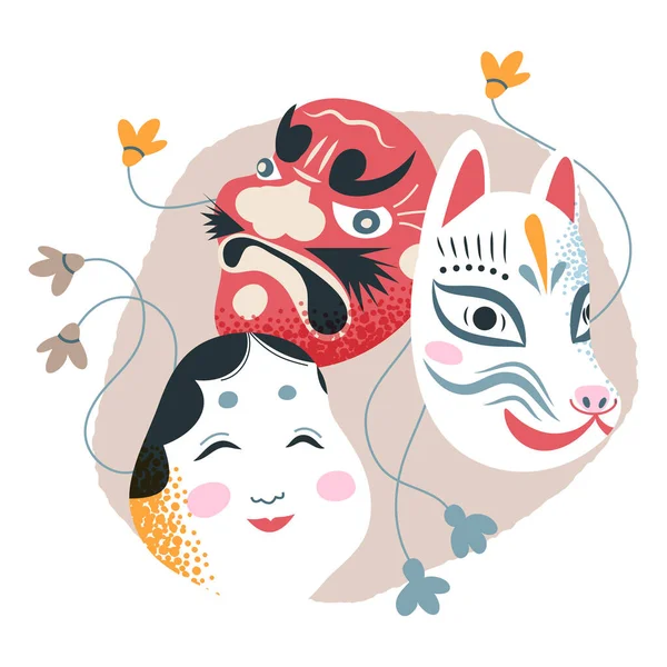 Máscara tradicional japonesa, cultura de arte kabuki do Japão, rostos de tatuagem do diabo gueixa kitsune —  Vetores de Stock