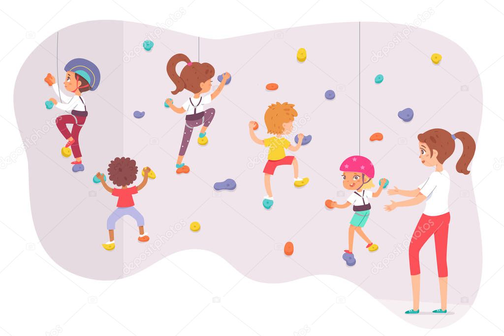 Children climbing rock wallm active boy girl climbers bouldering, training in gym