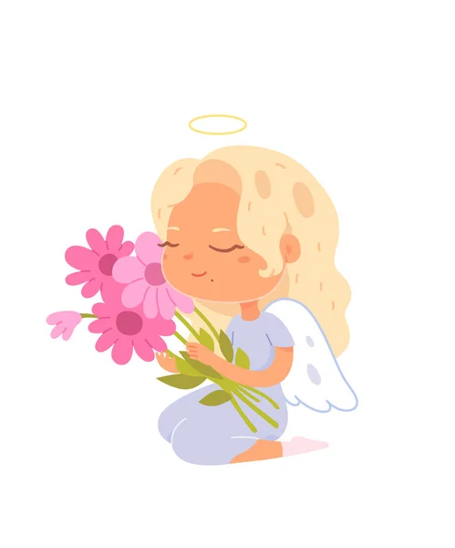 Anděl dítě dívka s květinami, legrační malé dítě v kostýmu Amor drží jarní kytice — Stockový vektor