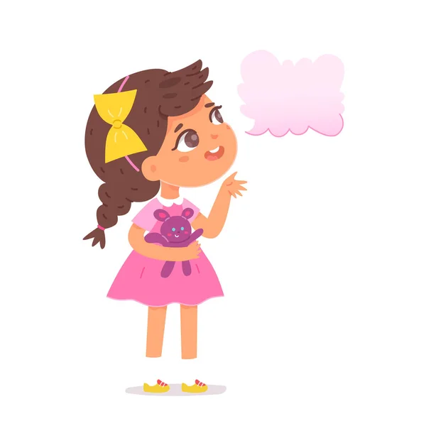 Cute kid with empty speech bubble conversation, girl in pink dress with dialog balloon — Stock vektor